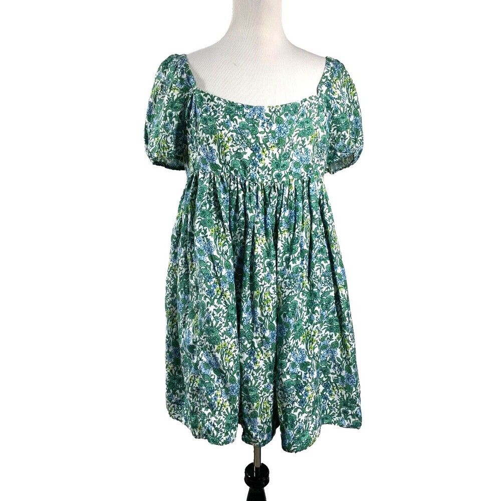 J.Crew Blue and Green Paisley Babydoll Linen Blend Mini Dress Size 14